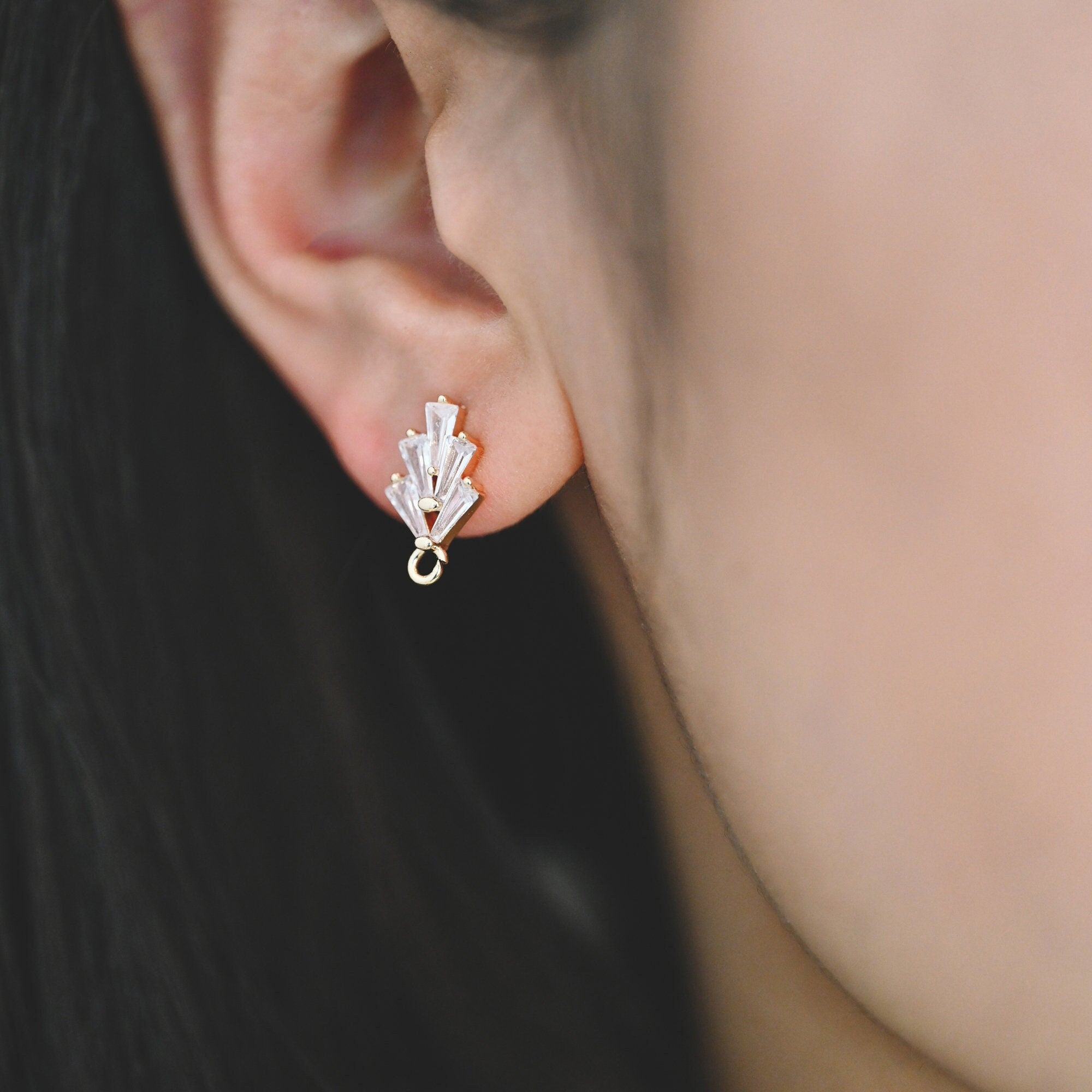 10pcs CZ pave Leaf Ear Posts 15x8mm, Gold/ Rhodium plated Brass, Dainty Stud Earrings, Sterling Silver Pin (#GB-314)